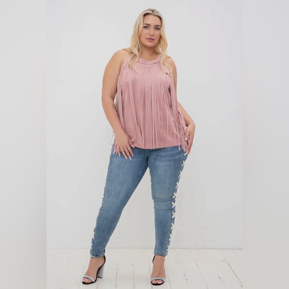 Plus Sleeveless Suede Fringed Top Mauve NWT